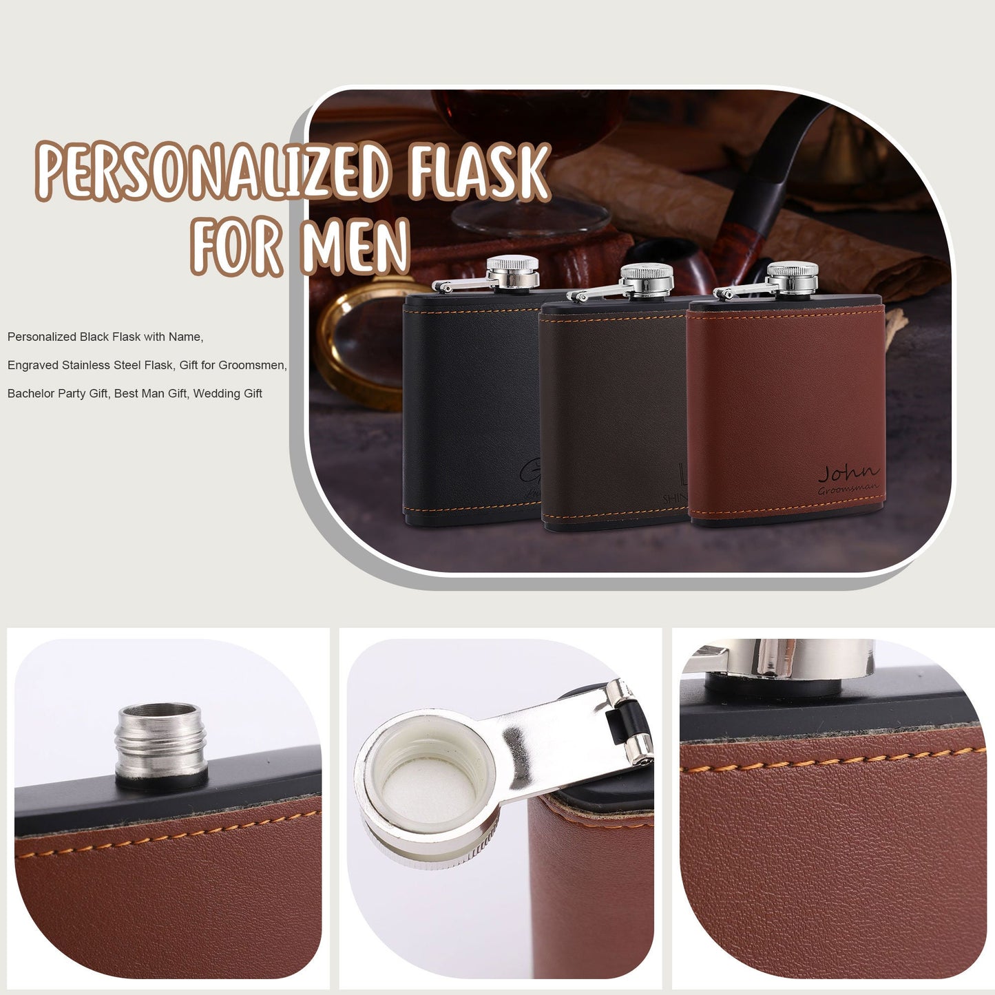 Personalized Flask, Leather Flask, Custom Engraved Flask, Hip Flask for Men, Groomsmen Flask, Wedding Gift for Best Man, Gifts for Husband