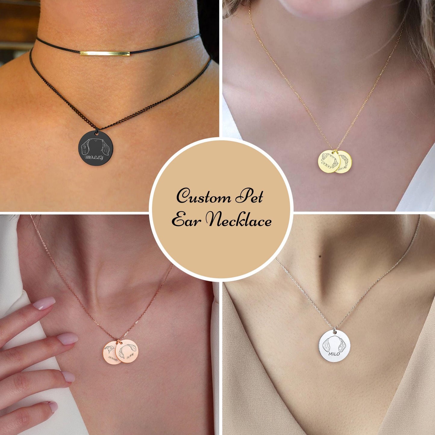 Personalized Pet Memorial Jewelry, Dog Breed Ears Necklace, Engraved Name Necklace, Custom Dog Ear Round Disc Jewelry, Gift foe Dog Lover