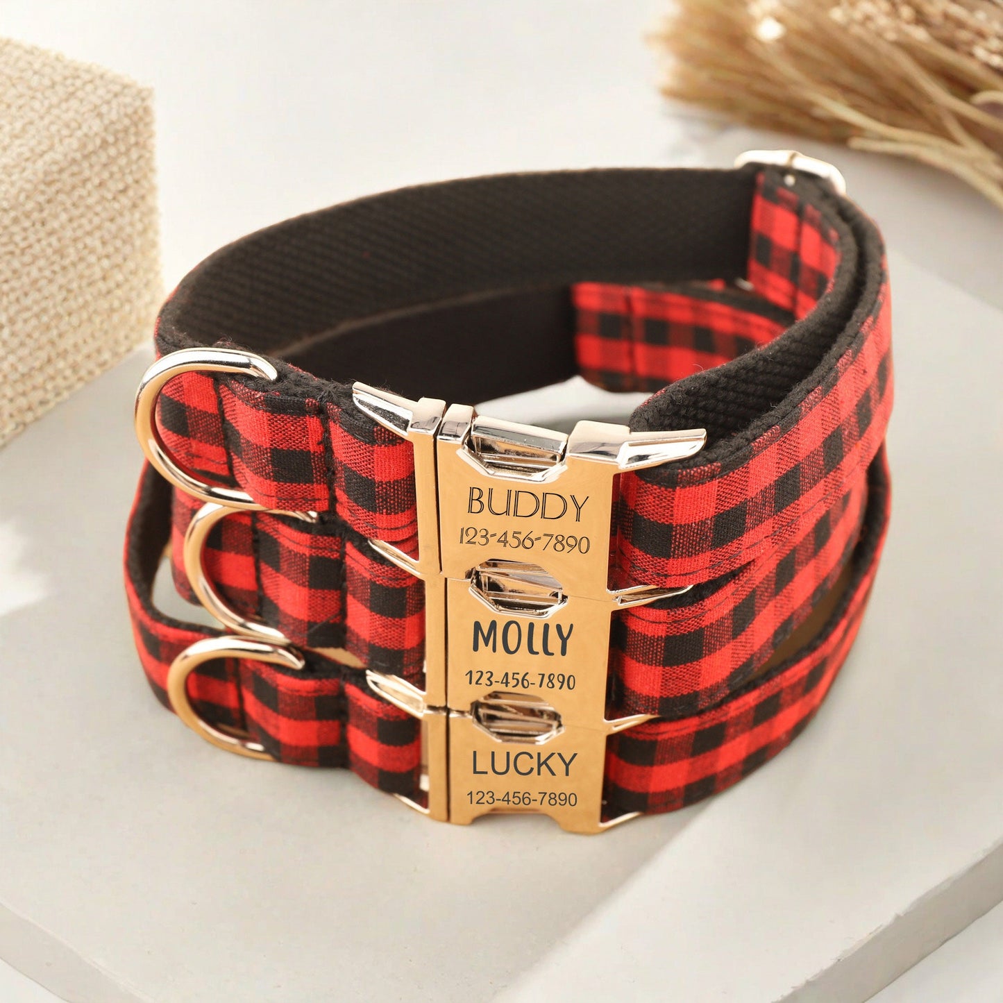 Personalized Red Plaid Dog Collar, Engraved Name Dog Collar, Custom Red and Black Gingham Dog Collar, Cute Gift for Pet, Wedding Puppy Gift
