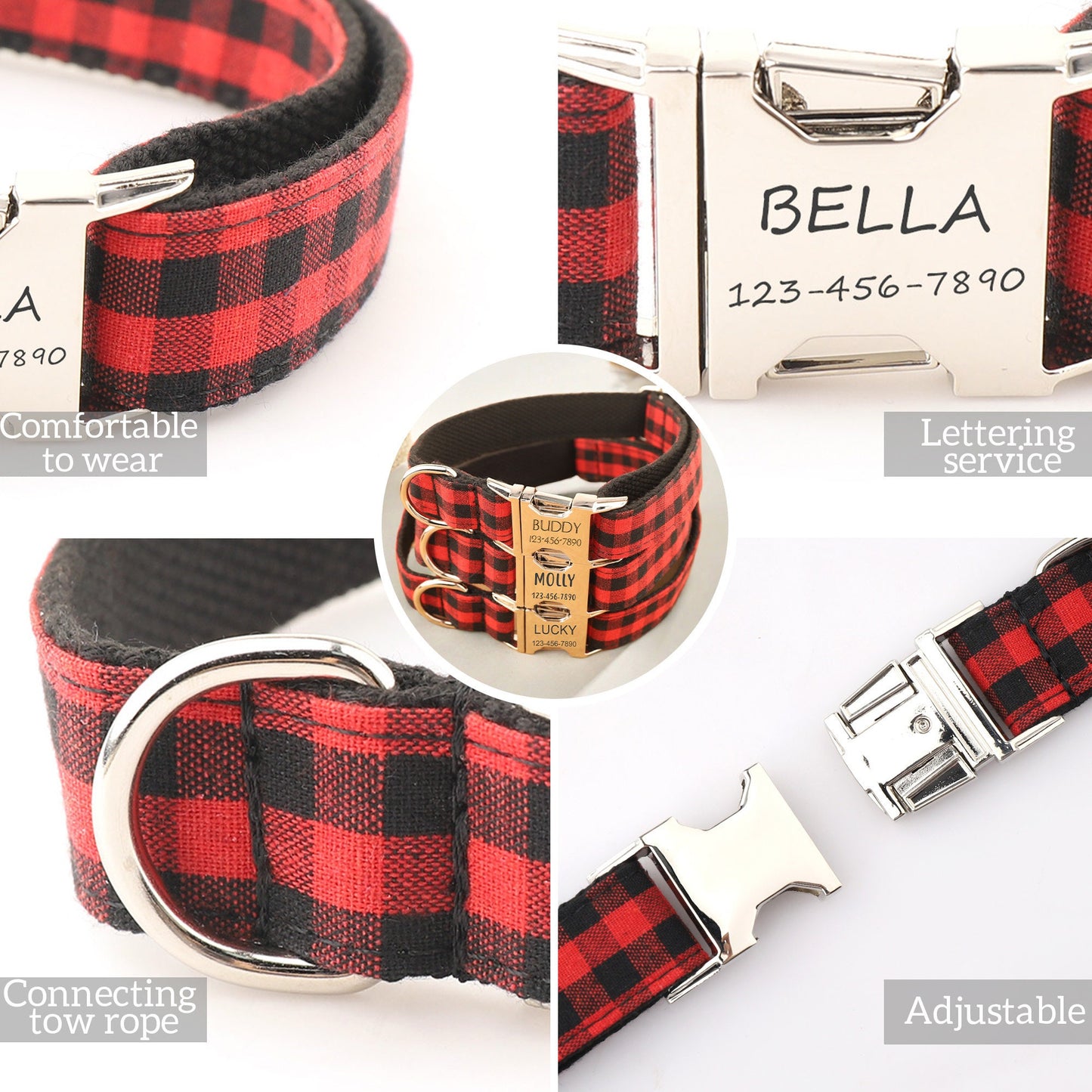 Personalized Red Plaid Dog Collar, Engraved Name Dog Collar, Custom Red and Black Gingham Dog Collar, Cute Gift for Pet, Wedding Puppy Gift