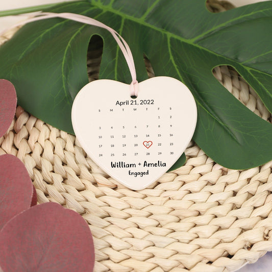 Custom Engaged Ornament, Personalized Engagement Ornament, Calendar Ornament, Engagement Announcement, Ceramic Ornament Gift for Couples