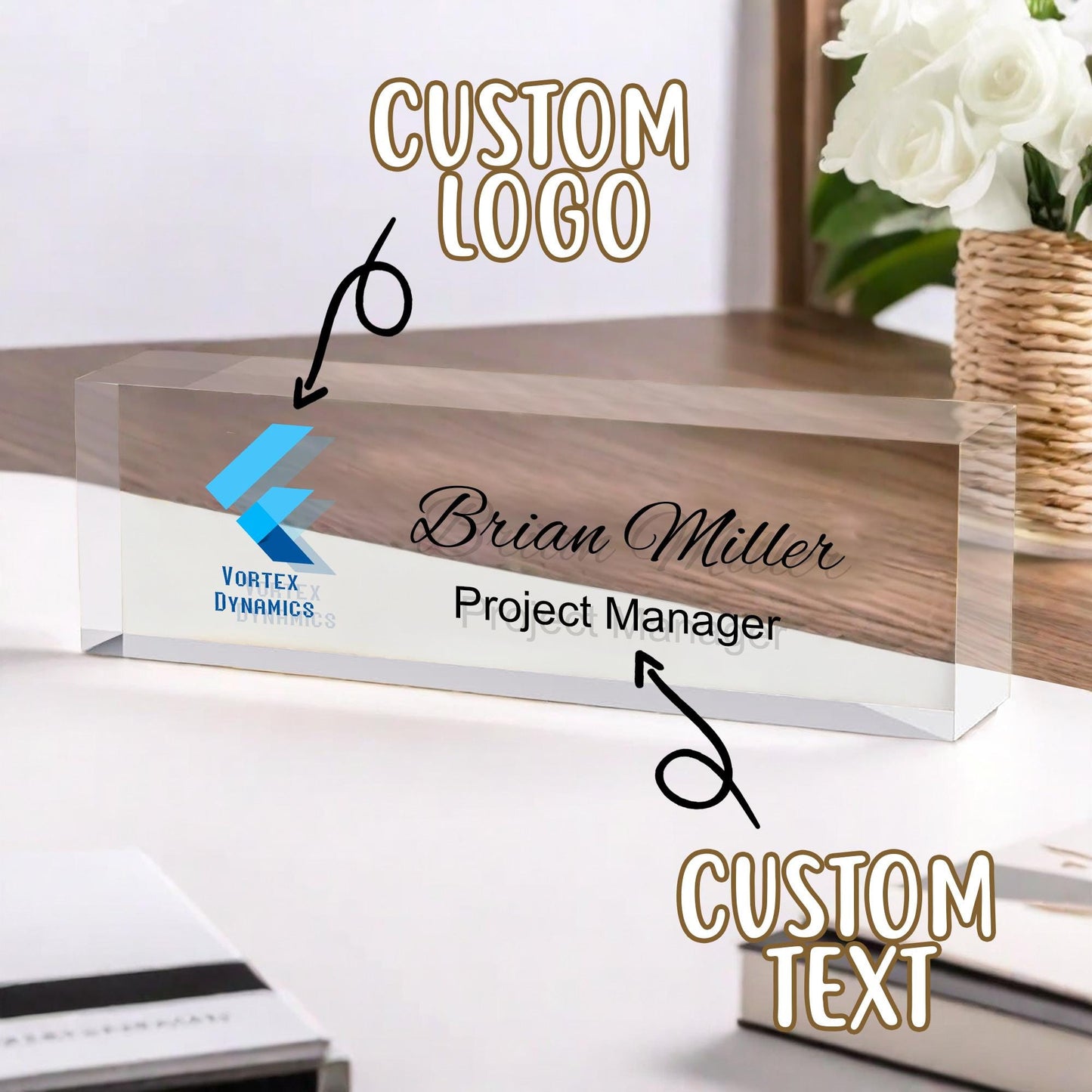 Personalized Logo Desk Plate, Custom Clear Acrylic Name Plate Block, Office Decor, Acrylic Desk Ornament, Executive Gift, Promotion Gifts