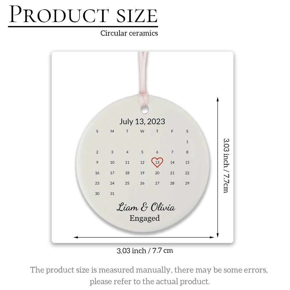 Personalized Engaged Ornament, Custom Calendar Ornament, Engraved Name Round Engagement Ornament, Couple Ceramic Ornament, Keepsake Gifts