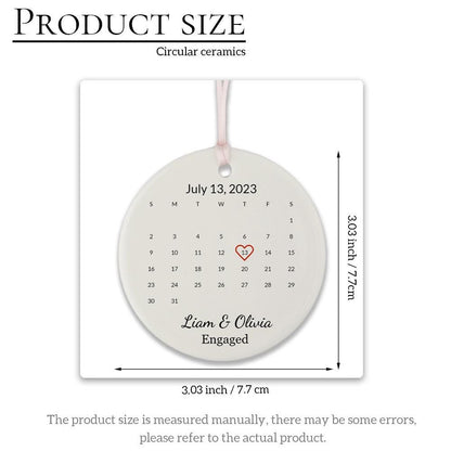 Personalized Engaged Ornament, Custom Calendar Ornament, Engraved Name Round Engagement Ornament, Couple Ceramic Ornament, Keepsake Gifts