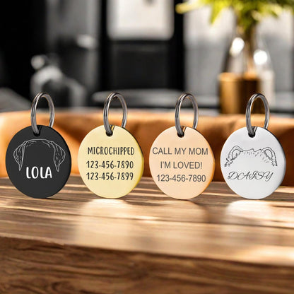 Dog Ears Outline Tag Keychain, Personalized Dog ID Tag, Custom Dog Breed Ears Tag, Engraved Pet Name Tag, Round Pet Tag, Gift for Dog Parent