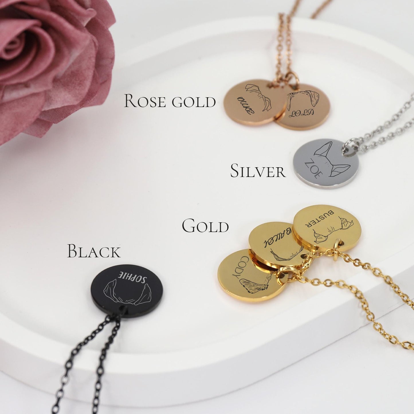 Personalized Pet Memorial Jewelry, Dog Breed Ears Necklace, Engraved Name Necklace, Custom Dog Ear Round Disc Jewelry, Gift foe Dog Lover