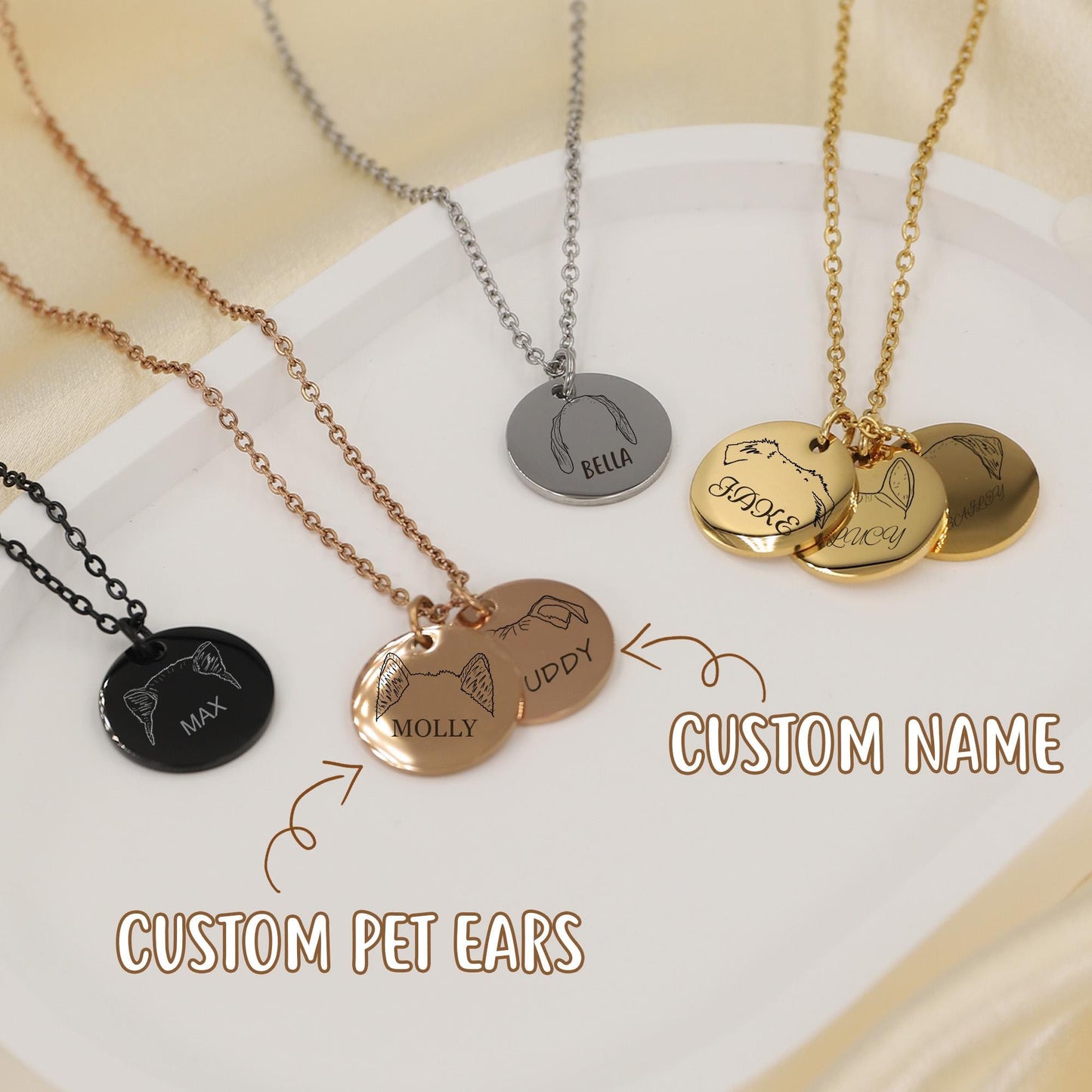 Personalized Pet Memorial Jewelry, Dog Breed Ears Necklace, Engraved Name Necklace, Custom Dog Ear Round Disc Jewelry, Gift foe Dog Lover