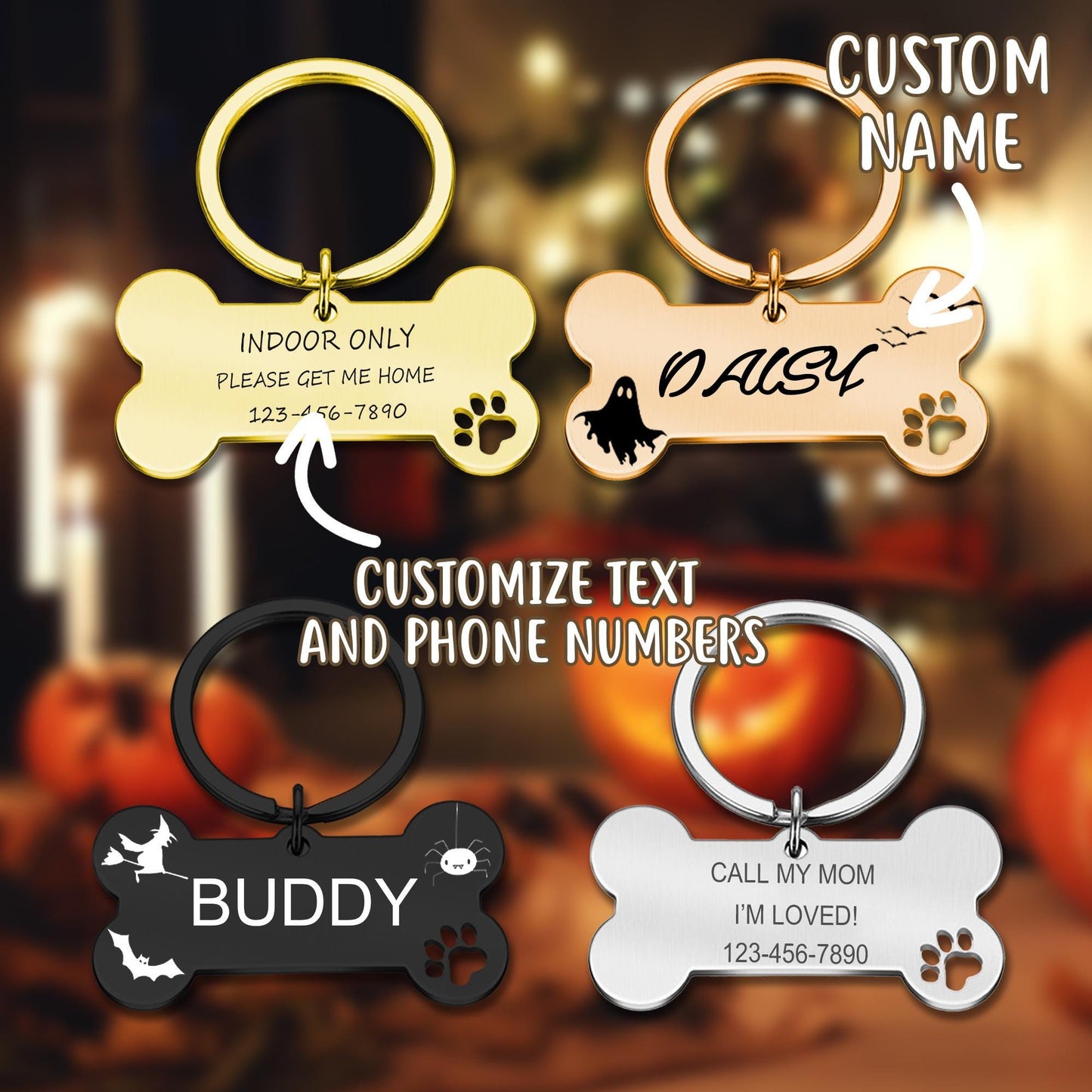 Dog Tag - Pet Tag - Dog ID Tag - Custom Pet Name Tag - Personalized Bone Dog Tag - Halloween Pet Tag - Cute Dog Tag -Halloween Gift for Pet