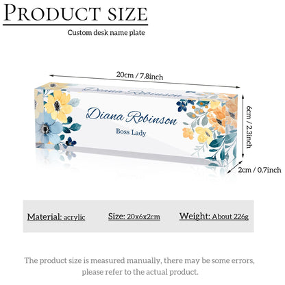 Personalized Desk Plaque - Custom Desk Name Plate - Acrylic Name Block - Flower Designs on Acrylic Name Sign - Promotion Gifts - New Job