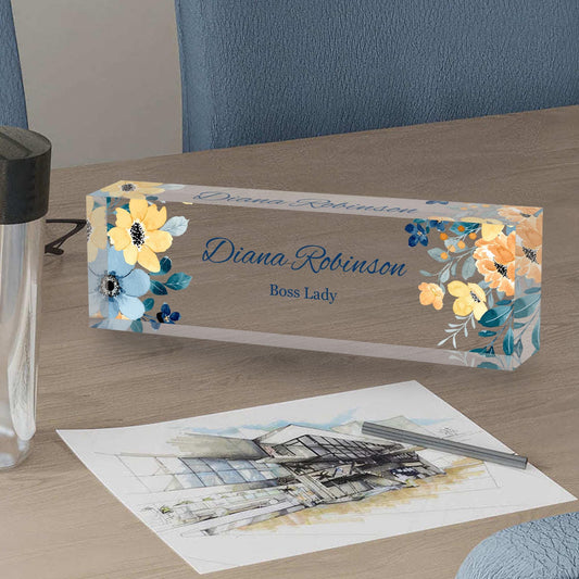 Personalized Desk Plaque - Custom Desk Name Plate - Acrylic Name Block - Flower Designs on Acrylic Name Sign - Promotion Gifts - New Job