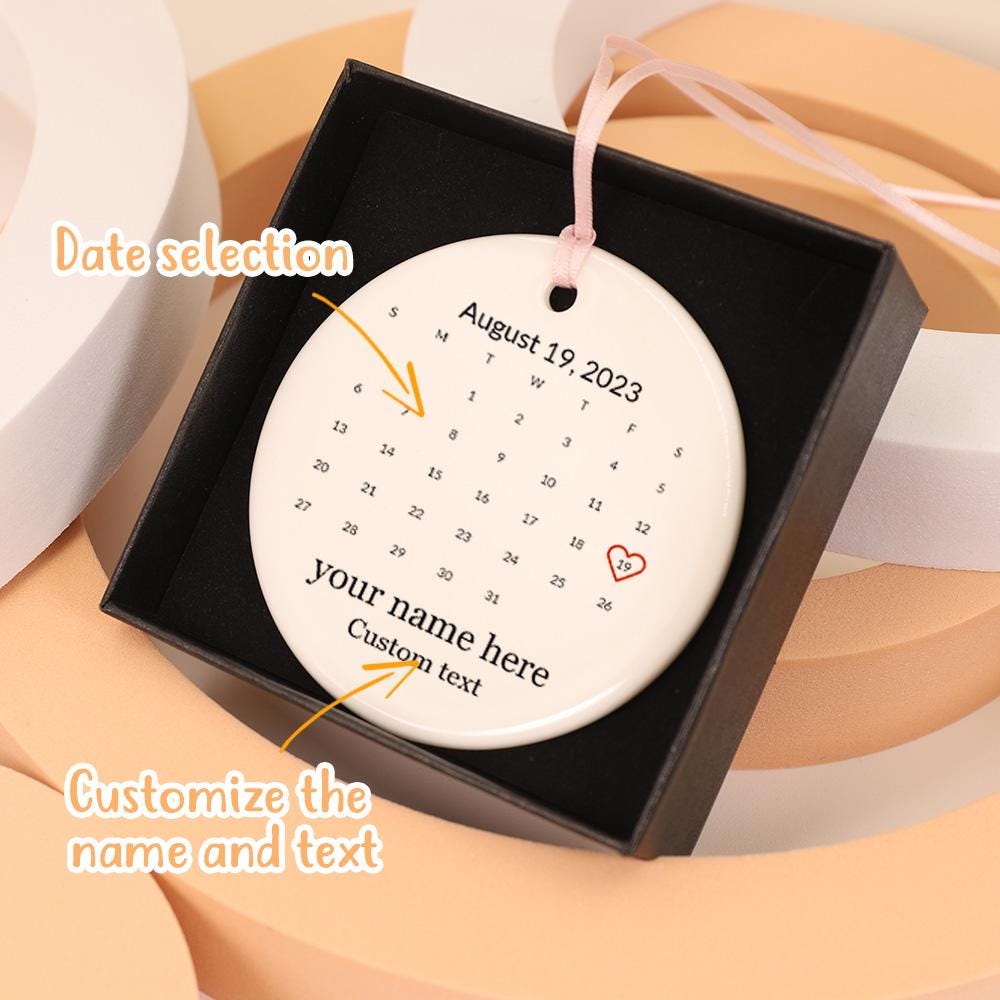 Personalized Engaged Ornament, Custom Calendar Ornament, Engraved Name Round Engagement Ornament, Couple Ceramic Ornament, Keepsake Gifts