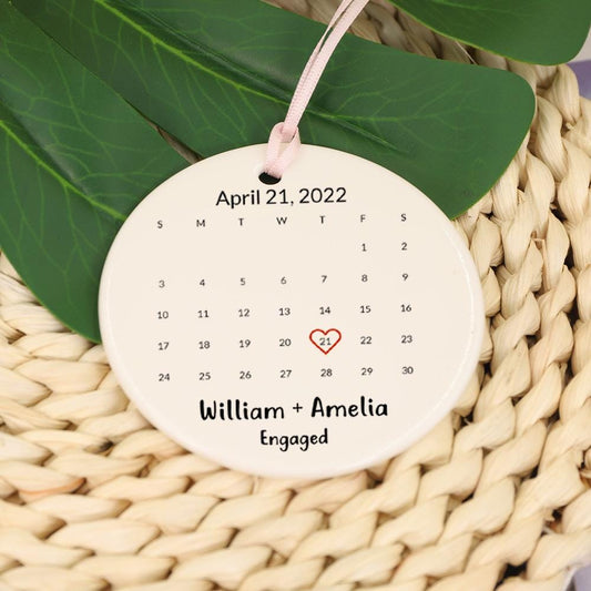 Personalized Engaged Ornament, Custom Calendar Ornament, Engraved Name Round Engagement Ornament, Couple Ceramic Ornament, Keepsake Gifts