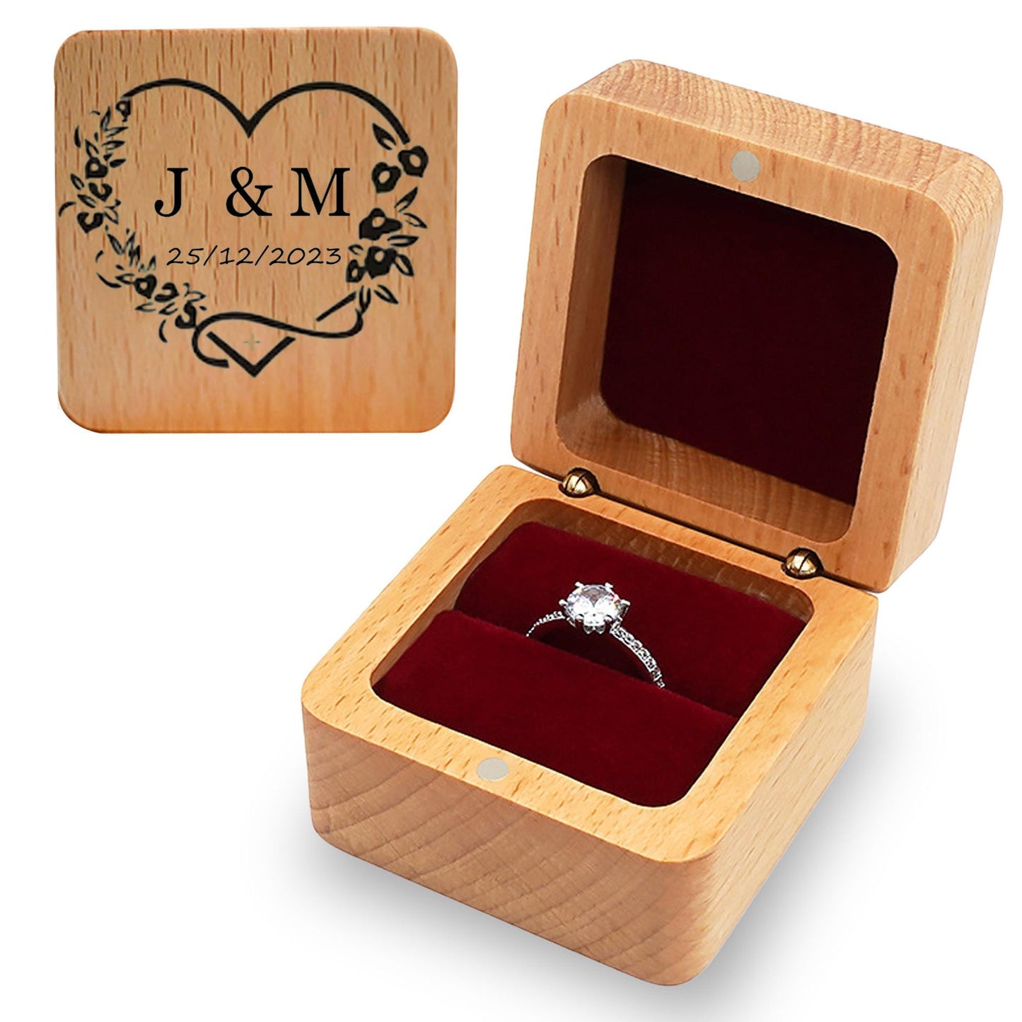 Custom Ring Box, Personalized Proposal Ring Bearer, Engraved Walnut Ring Box, Square Double Ring Bearer Box for Wedding Engagement Proposal