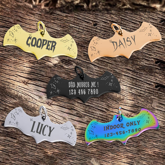Custom Bat Dog Tag Personalized Pet Name Tag Engraved Metal Dog ID Tag Bat-Shaped Pet Collar Tag Halloween Gifts for Dog Cat Puppy