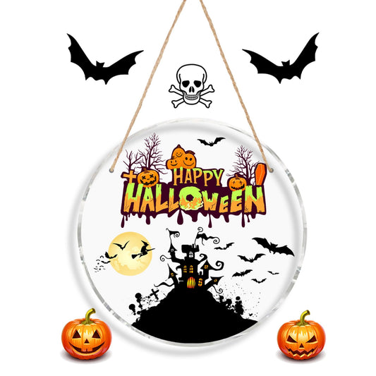 Acrylic Round Door Hanger - Halloween Door Sign - Pumpkin Spider Bat Spooky Acrylic Sign - Skull Pumpkin Bat Wall Decor - Halloween Gift