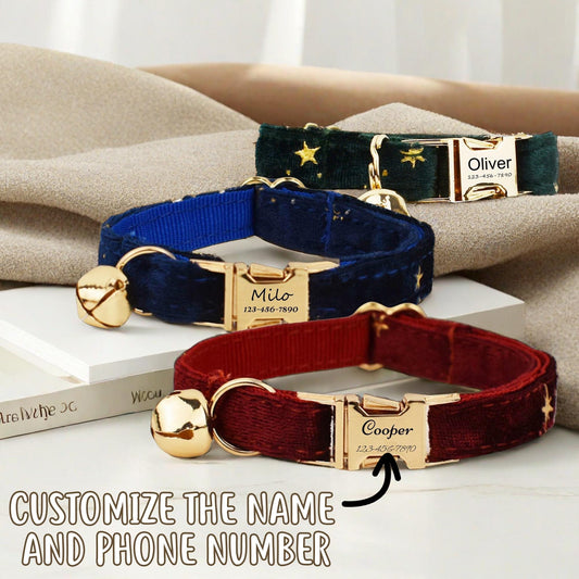 1 PCS Personalized Gold Star Luxury Velvet Pet Cat Collar with Bell Customized Name and Phone Number - Prevent Your Pet from Getting Lost